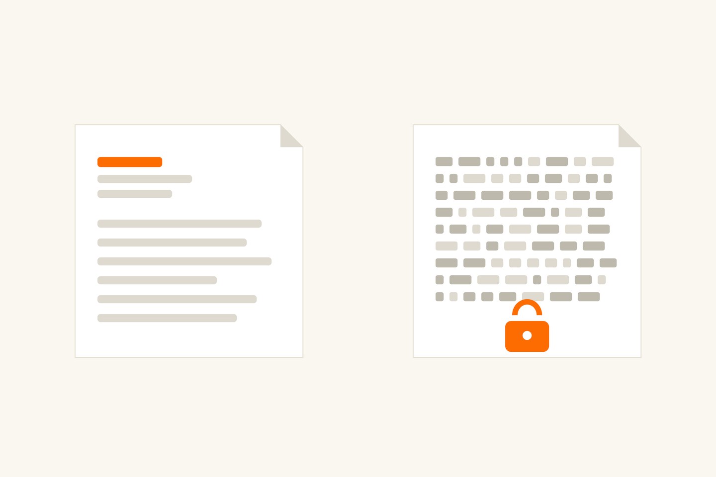 Dois arquivos lado a lado: o da esquerda com linhas de texto legíveis, o da direita com blocos irregulares e um cadeado.