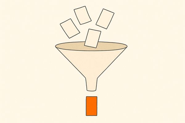 Um funil recebendo papéis pelo topo e devolvendo um cartão laranja embaixo.