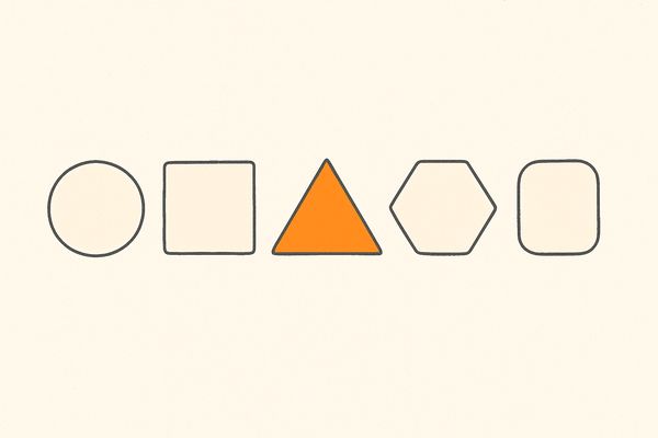 Cinco formas geométricas em fila, a do meio preenchida de laranja.